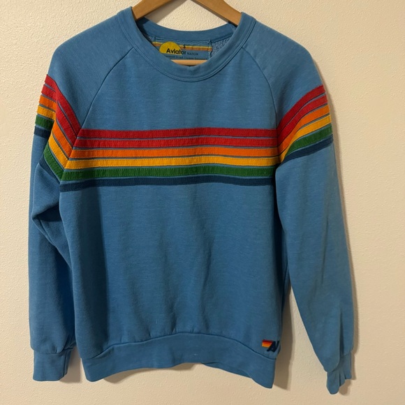 Aviator Nation 5 Stripe Raglan Crewneck Sweatshirt Blue Loungewear Athleisure-S - Picture 1 of 9